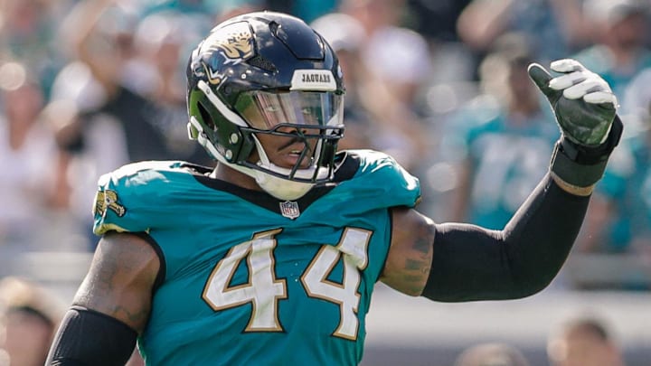 Sep 21, 2025; Jacksonville, Florida, USA; Jacksonville Jaguars defensive end Travon Walker (44) before the play against the Houston Texans at EverBank Stadium. Mandatory Credit: Travis Register-Imagn Images Sep 21, 2025; Jacksonville, Florida, USA; Jacksonville Jaguars defensive end Travon Walker (44) before the play against the Houston Texans at EverBank Stadium. Mandatory Credit: Travis Register-Imagn Images