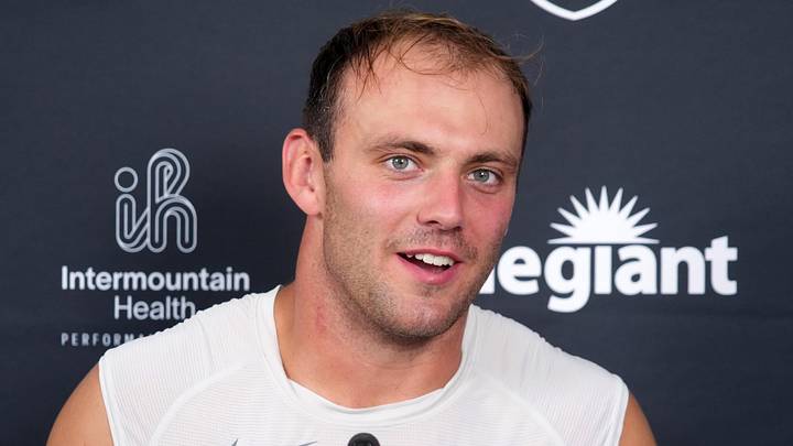 Las Vegas Raiders tight end Brock Bowers during training camp press conference. Las Vegas Raiders tight end Brock Bowers during training camp press conference.