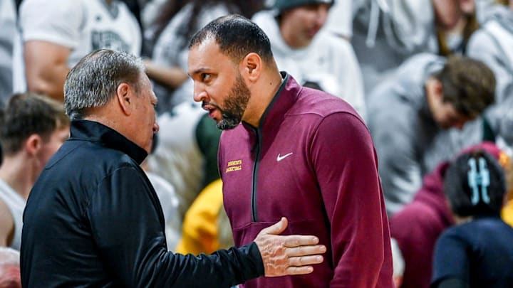 Michigan State's head coach Tom Izzo, left, talks with Minnesota's head coach Ben Johnson after the Spartans victory over the Golden Gophers on Tuesday, Jan. 28, 2025, at the Breslin Center in East Lansing.