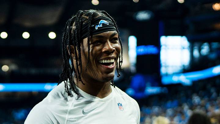 Detroit Lions running back Jahmyr Gibbs smiles as he leaves the field after the 31-30 win in overtime Detroit Lions running back Jahmyr Gibbs smiles as he leaves the field after the 31-30 win in overtime