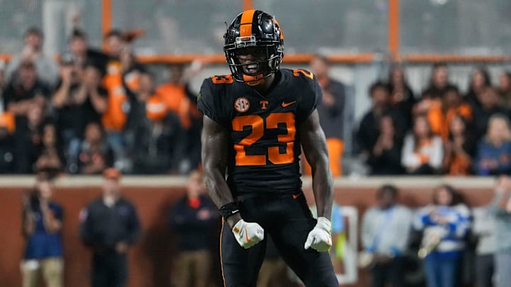 Nov 2, 2024; Knoxville, Tennessee, USA; Tennessee Volunteers defensive back Boo Carter (23) celebrates after a tackle against the Kentucky Wildcats during the second half at Neyland Stadium. Mandatory Credit: Angelina Alcantar/USA TODAY Network via Imagn Images
Nov 2, 2024; Knoxville, Tennessee, USA; Tennessee Volunteers defensive back Boo Carter (23) celebrates after a tackle against the Kentucky Wildcats during the second half at Neyland Stadium. Mandatory Credit: Angelina Alcantar/USA TODAY Network via Imagn Images
