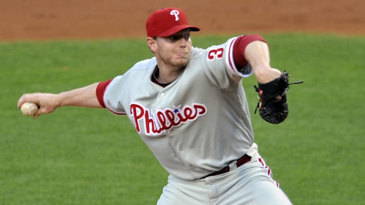 Apr 30, 2013; Cleveland, OH, USA; Philadelphia Phillies starting pitcher Roy Halladay (34) delivers in the second inning against the Cleveland Indians at Progressive Field. Apr 30, 2013; Cleveland, OH, USA; Philadelphia Phillies starting pitcher Roy Halladay (34) delivers in the second inning against the Cleveland Indians at Progressive Field.