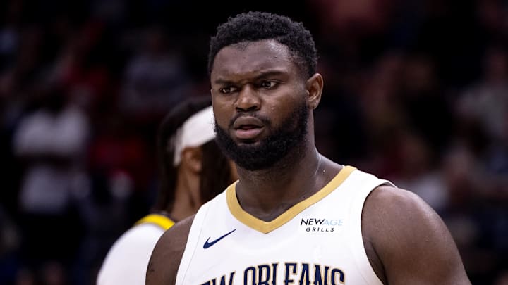 Nov 1, 2024; New Orleans, Louisiana, USA;  New Orleans Pelicans forward Zion Williamson (1) looks on against the Indiana Pacers during the first half at Smoothie King Center. Mandatory Credit: Stephen Lew-Imagn Images
