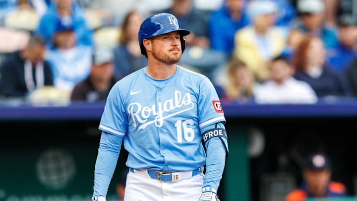Apr 27, 2025; Kansas City, Missouri, USA; Kansas City Royals outfielder Hunter Renfroe (16) at bat during the seventh inning against the Houston Astros at Kauffman Stadium. Mandatory Credit: William Purnell-Imagn Images