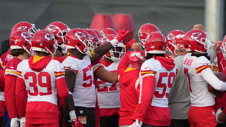 Nov 3, 2023; Frankfurt, Germany; Kansas City Chiefs players huddle during practice at DFB Campus. Mandatory Credit: Kirby Lee-Imagn Images