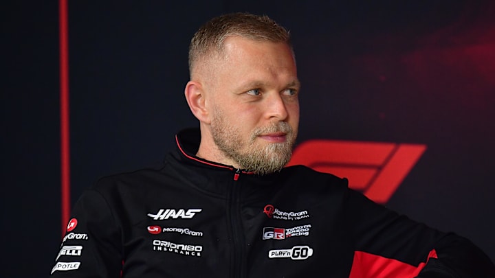Nov 20, 2024; Las Vegas, Nevada, USA; Haas F1 driver Kevin Magnussen (20) during media availabilities at Las Vegas Circuit. Mandatory Credit: Gary A. Vasquez-Imagn Images