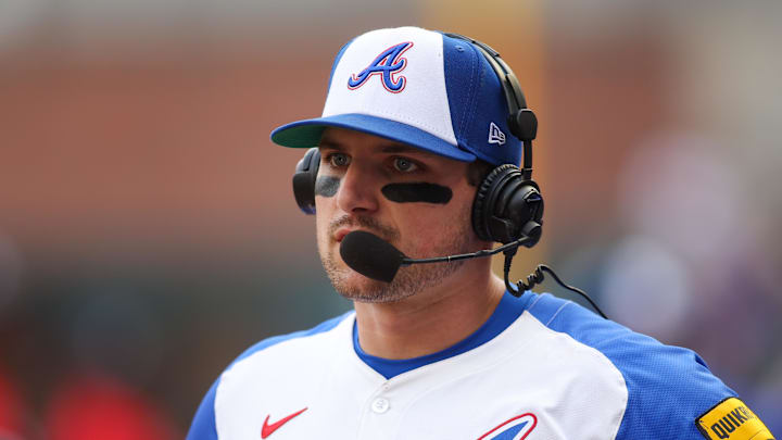 May 31, 2025; Atlanta, Georgia, USA; Atlanta Braves third baseman Austin Riley (27) does an interview after a victory over the Boston Red Sox at Truist Park. Mandatory Credit: Brett Davis-Imagn Images
