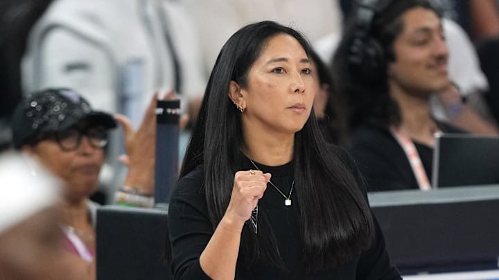 Aug 31, 2025; San Francisco, California, USA; Golden State Valkyries head coach Natalie Nakase reacts after a basket by guard Kaila Charles (not shown) during the first quarter against the Indiana Fever at Chase Center. Mandatory Credit: Darren Yamashita-Imagn Images