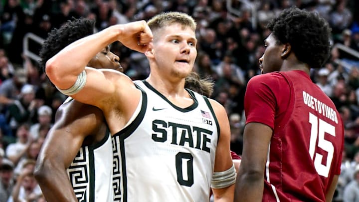 Michigan State's Jaxon Kohler, left, celebrates his score and drawing a Colgate foul during the second half on Monday, Nov. 3, 2025, at the Breslin Center in East Lansing. Michigan State's Jaxon Kohler, left, celebrates his score and drawing a Colgate foul during the second half on Monday, Nov. 3, 2025, at the Breslin Center in East Lansing.