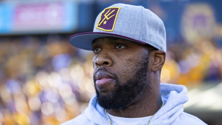 Nov 27, 2021; Tempe, Arizona, USA; Arizona State Sun Devils former defensive end Terrell Suggs in attendance against the Arizona Wildcats at Sun Devil Stadium. Mandatory Credit: Mark J. Rebilas-Imagn Images