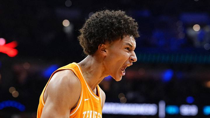 Tennessee Volunteers forward Nate Ament (10) reacts against the Virginia Cavaliers in the first half during a second round game of the men's 2026 NCAA Tournament at Xfinity Mobile Arena on March 22, 2026.
