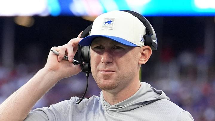 Aug 27, 2026; Orchard Park, New York, USA;  Buffalo Bills head coach Joe Brady looks on during the first quarter against the Pittsburgh Steelers at New Highmark Stadium.  Mandatory Credit: Gregory Fisher-Imagn Images