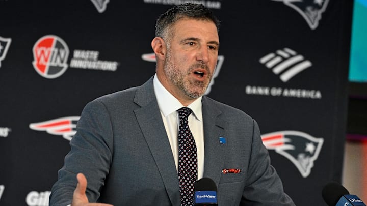 Jan 13, 2025; Foxborough, MA, USA; Mike Vrabel addresses media at a press conference to announce his hiring as the head coach of the New England Patriots at Gillette Stadium. Mandatory Credit: Eric Canha-Imagn Images