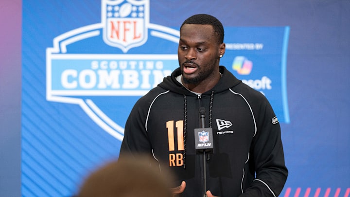 Feb 27, 2026; Indianapolis, IN, USA; Notre Dame running back Jeremiyah Love (RB11) speaks to members of the media during the NFL Combine at the Indiana Convention Center. Mandatory Credit: Jacob Musselman-Imagn Images