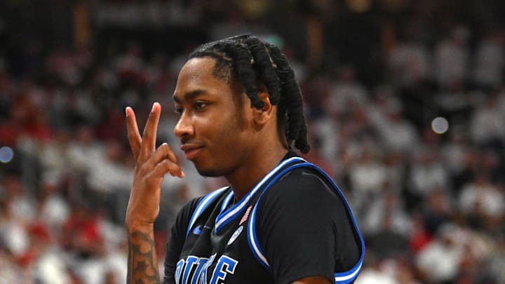 Mar 2, 2026; Raleigh, North Carolina, USA;  Duke Blue Devils guard Isaiah Evans (3) reacts after scoring against the NC State Wolfpack during the second half at Lenovo Center. Mandatory Credit: Zachary Taft-Imagn Images
