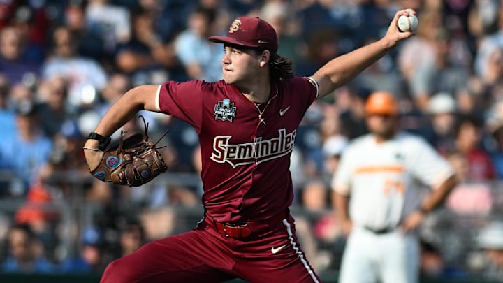 Jun 14, 2024; Omaha, NE, USA; Florida State Seminoles starting pitcher Jamie Arnold (16) throw against the Tennessee Volunteers during the first inning at Charles Schwab Filed Omaha. Mandatory Credit: Steven Branscombe-Imagn Images Jun 14, 2024; Omaha, NE, USA; Florida State Seminoles starting pitcher Jamie Arnold (16) throw against the Tennessee Volunteers during the first inning at Charles Schwab Filed Omaha. Mandatory Credit: Steven Branscombe-Imagn Images