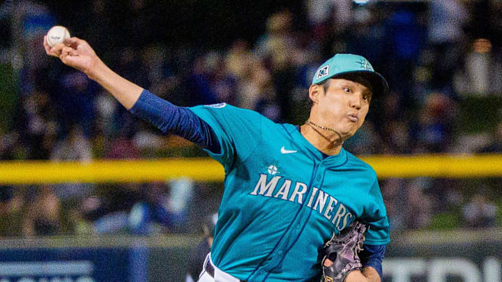 Seattle Mariners pitcher Shintaro Fujinami (13) on the mound during the seventh inning of a spring training game against the Los Angeles Dodgers at Peoria Sports Complex on March 7.