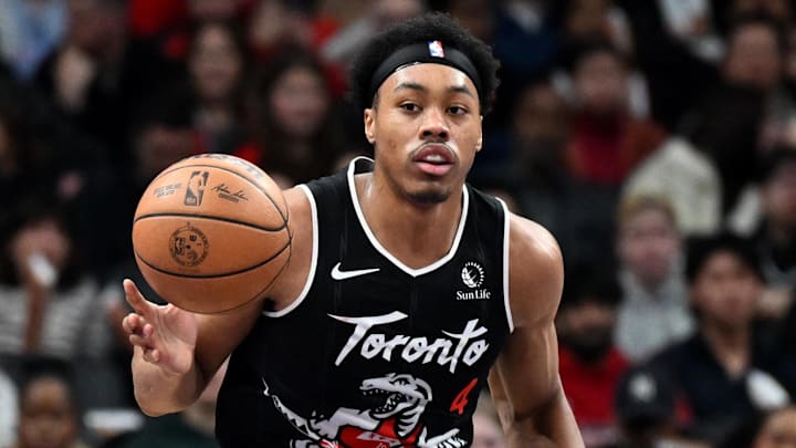 Mar 27, 2026; Toronto, Ontario, CAN; Toronto Raptors forward Scottie Barnes (4) dribbles against the New Orleans Pelicans in the second half at Scotiabank Arena. Mar 27, 2026; Toronto, Ontario, CAN; Toronto Raptors forward Scottie Barnes (4) dribbles against the New Orleans Pelicans in the second half at Scotiabank Arena.