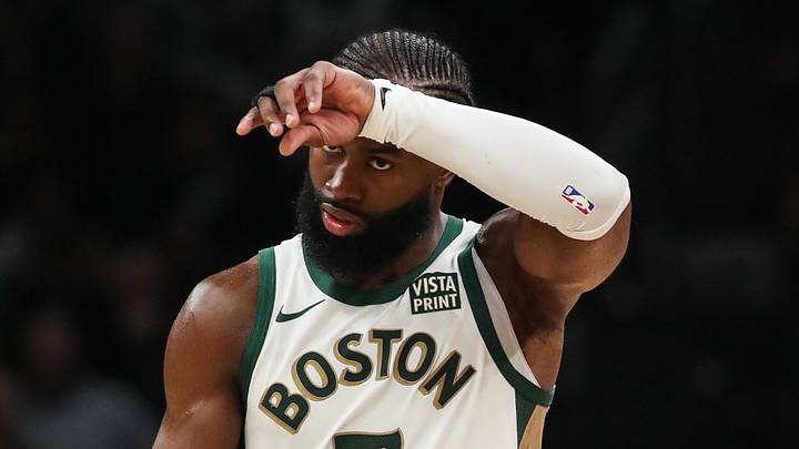 Boston Celtics forward Jaylen Brown (7) reacts during the second half against the Toronto Raptors at TD Garden on December 29, 2023.