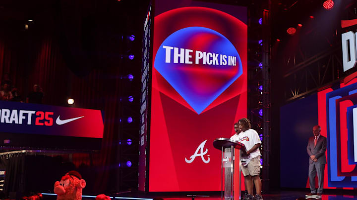 Jul 13, 2025; Atlanta, GA, USA; The pick is announced for the Atlanta Braves during the MLB Draft at The Coca-Cola Roxy. Mandatory Credit: Brett Davis-Imagn Images