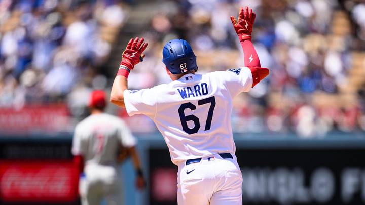 May 31, 2026; Los Angeles, California, USA; Los Angeles Dodgers left fielder Ryan Ward (67) gestures after hitting a home run during the fourth inning against the Philadelphia Phillies at Dodger Stadium. Mandatory Credit: William Liang-Imagn Images