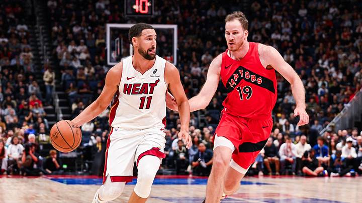 Oct 3, 2026; Quebec City, Quebec, CAN; Miami Heat guard Klay Thompson (11) dribbles the ball against Toronto Raptors center Jakob Poeltl (19) during the first quarter at Videotron Centre. Mandatory Credit: David Kirouac-Imagn Images Oct 3, 2026; Quebec City, Quebec, CAN; Miami Heat guard Klay Thompson (11) dribbles the ball against Toronto Raptors center Jakob Poeltl (19) during the first quarter at Videotron Centre. Mandatory Credit: David Kirouac-Imagn Images