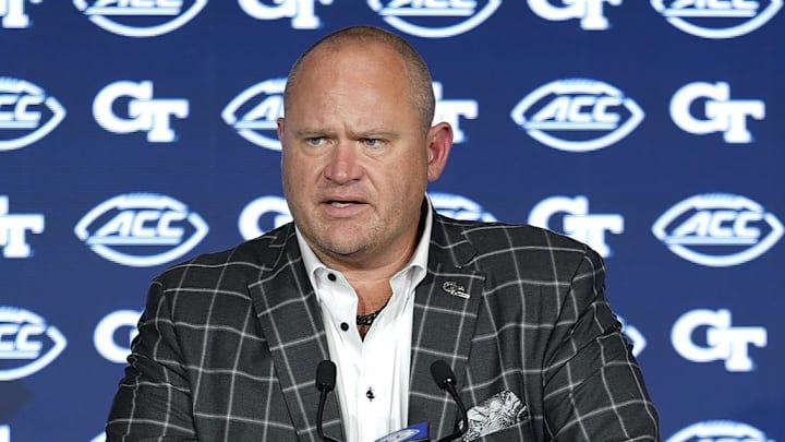 Jul 23, 2025; Charlotte, NC, USA; Georgia Tech Head Coach Brent Key answers questions from the media during ACC Media days at Hilton Charlotte Uptown. Mandatory Credit: Jim Dedmon-Imagn Images