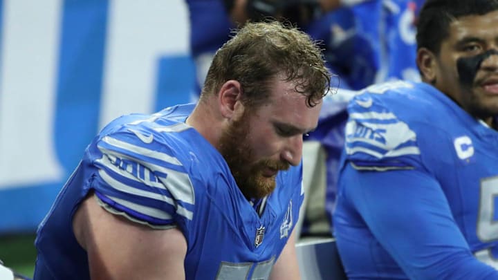 Detroit Lions center Frank Ragnow (77) on the sidelines during action against the Atlanta Falcons