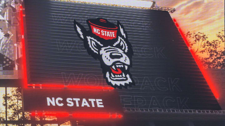 Oct 11, 2025; South Bend, Indiana, USA; Notre Dame Fighting Irish and NC State Wolfpack logos on the scoreboard before the matchup at Notre Dame Stadium. Mandatory Credit: Michael Caterina-Imagn Images