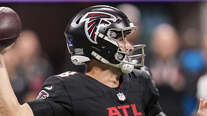 Jan 4, 2026; Atlanta, Georgia, USA; Atlanta Falcons quarterback Kirk Cousins (18) passes against the New Orleans Saints during the first half at Mercedes-Benz Stadium. Mandatory Credit: Dale Zanine-Imagn Images