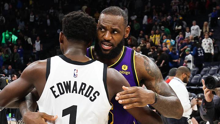 Mar 31, 2023; Minneapolis, Minnesota, USA; Minnesota Timberwolves guard Anthony Edwards (1) and Los Angeles Lakers forward LeBron James (6) hug after the game at Target Center. Mandatory Credit: Matt Krohn-Imagn Images