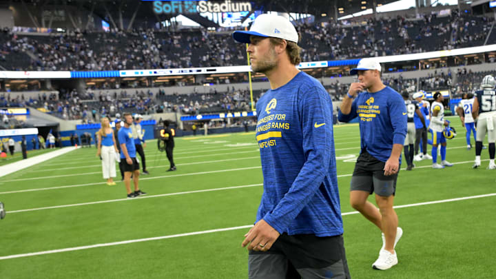 Aug 9, 2025; Inglewood, California, USA;  Los Angeles Rams quarterback Matthew Stafford (9) leaves the field after the game against the Dallas Cowboys at SoFi Stadium. Mandatory Credit: Jayne Kamin-Oncea-Imagn Images