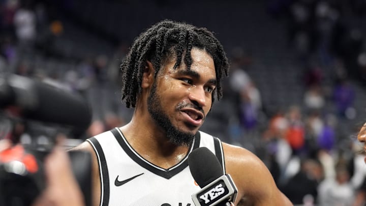 Nov 24, 2024; Sacramento, California, USA; Brooklyn Nets guard Cam Thomas (24) is interviewed after defeating the Sacramento Kings at Golden 1 Center. Mandatory Credit: Darren Yamashita-Imagn Images