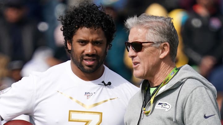 Jan 22, 2020; Kissimmiee, Florida, USA; Seattle Seahawks quarterback Russell Wilson (3) and coach Pete Carroll during NFC practice at ESPN Wide World of Sports. Mandatory Credit: Kirby Lee-Imagn Images Jan 22, 2020; Kissimmiee, Florida, USA; Seattle Seahawks quarterback Russell Wilson (3) and coach Pete Carroll during NFC practice at ESPN Wide World of Sports. Mandatory Credit: Kirby Lee-Imagn Images