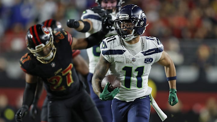 Jan 3, 2026; Santa Clara, California, USA; Seattle Seahawks wide receiver Jaxon Smith-Njigba (11) runs after a catch against the San Francisco 49ers during the first half at Levi's Stadium. Jan 3, 2026; Santa Clara, California, USA; Seattle Seahawks wide receiver Jaxon Smith-Njigba (11) runs after a catch against the San Francisco 49ers during the first half at Levi's Stadium.