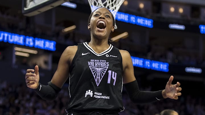 Jul 25, 2025; San Francisco, California, USA;  Golden State Valkyries center Temi Fagbenle (14) reacts after scoring against the Dallas Wings during the fourth quarter at Chase Center. Mandatory Credit: John Hefti-Imagn Images