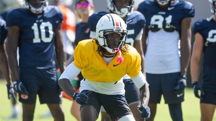Auburn Tigers wide receiver Eric Singleton Jr. (1) runs drills during practice at Woltosz Football Performance Center in Auburn, Ala. on Tuesday, Aug. 19, 2025.