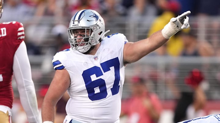 Dallas Cowboys center Brock Hoffman gestures during the second quarter against the San Francisco 49ers at Levi's Stadium.
