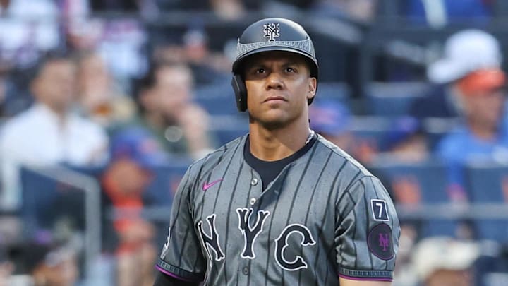Sep 20, 2025; New York City, New York, USA; New York Mets right fielder Juan Soto (22) walks back to the dugout after striking out to end the eighth inning against the Washington Nationals at Citi Field. Mandatory Credit: Wendell Cruz-Imagn Images Sep 20, 2025; New York City, New York, USA; New York Mets right fielder Juan Soto (22) walks back to the dugout after striking out to end the eighth inning against the Washington Nationals at Citi Field. Mandatory Credit: Wendell Cruz-Imagn Images