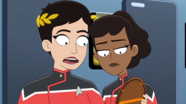 L-R: Saba Homayoon as Ensign Olly and Tawny Newsome as Beckett Mariner in episode 6, season 5 of Lower Decks streaming on Paramount+, 2024. Photo Credit: Paramount+