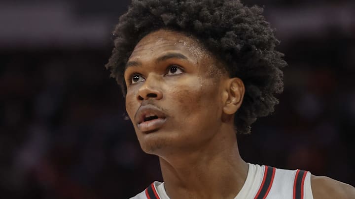 Nov 23, 2024; Houston, Texas, USA; Houston Rockets forward Amen Thompson (1) looks on while playing against the Portland Trail Blazers in the second quarter at Toyota Center. Mandatory Credit: Thomas Shea-Imagn Images