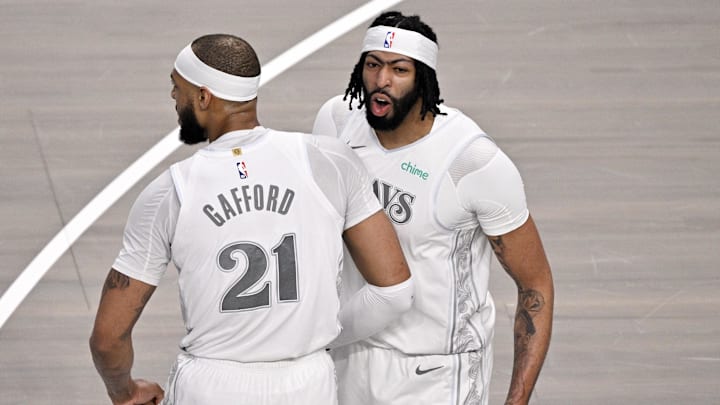 Feb 8, 2025; Dallas, Texas, USA; Dallas Mavericks forward Anthony Davis (3) and center Daniel Gafford (21) celebrates after Davis dunks the ball during the game between the Dallas Mavericks and the Houston Rockets at the American Airlines Center. Mandatory Credit: Jerome Miron-Imagn Images Feb 8, 2025; Dallas, Texas, USA; Dallas Mavericks forward Anthony Davis (3) and center Daniel Gafford (21) celebrates after Davis dunks the ball during the game between the Dallas Mavericks and the Houston Rockets at the American Airlines Center. Mandatory Credit: Jerome Miron-Imagn Images