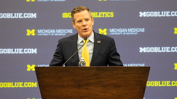 U-M's new men's basketball head coach Dusty May speaks during introductory press conference at Junge Family Champions Center in Ann Arbor on Tuesday, March 26, 2024.