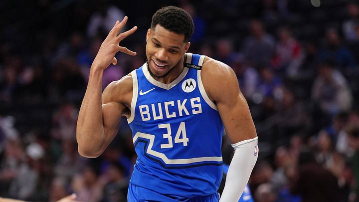 Milwaukee Bucks forward Giannis Antetokounmpo (34) reacts (Mandatory Credit: Kyle Ross-Imagn Images)