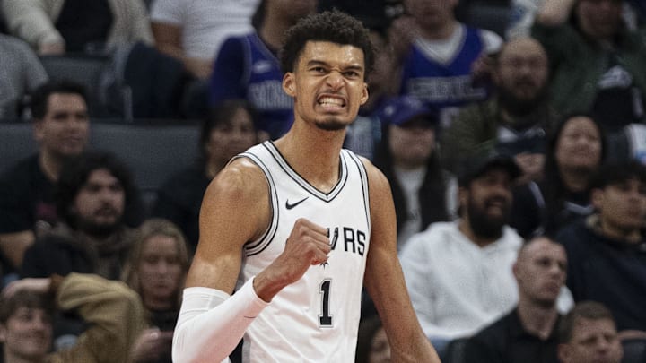 December 1, 2024; Sacramento, California, USA; San Antonio Spurs center Victor Wembanyama (1) celebrates against the Sacramento Kings during the fourth quarter at Golden 1 Center. Mandatory Credit: Kyle Terada-Imagn Images