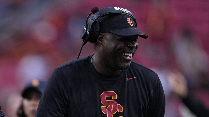 Sep 2, 2023; Los Angeles, California, USA; Southern California Trojans head coach Lincoln Riley (leff) and wide receivers coach Dennis Simmons react against the Nevada Wolf Pack in the second half at United Airlines Field at Los Angeles Memorial Coliseum. Mandatory Credit: Kirby Lee-USA TODAY Sports Sep 2, 2023; Los Angeles, California, USA; Southern California Trojans head coach Lincoln Riley (leff) and wide receivers coach Dennis Simmons react against the Nevada Wolf Pack in the second half at United Airlines Field at Los Angeles Memorial Coliseum. Mandatory Credit: Kirby Lee-USA TODAY Sports