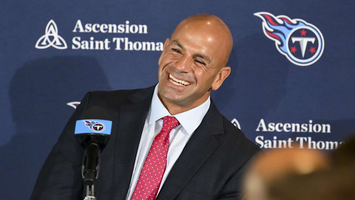 Jan 29, 2026; Nashville, TN, USA;  Tennessee Titans head coach Robert Saleh answers questions from the media during the press conference at Ascension Saint Thomas Sports Park. Mandatory Credit: Steve Roberts-Imagn Images