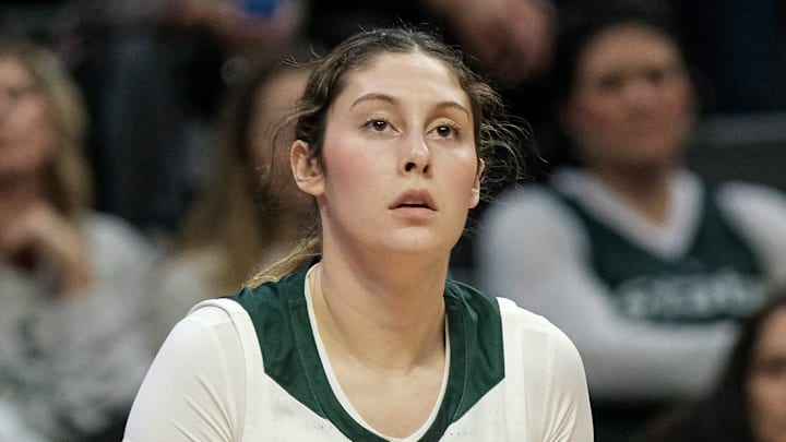 Michigan State junior Emma Shumate (5) looks to shoot against DePaul Sunday, Dec. 8, 2024 at the Breslin Center.