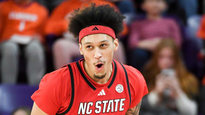 NC State Wolfpack forward Darrion Williams (1) celebrates after scoring Tuesday, Jan. 20, 2026, during the NCAA men’s basketball game against the Clemson Tigers at Littlejohn Coliseum in Clemson, South Carolina.