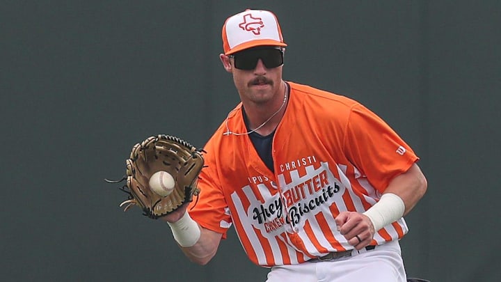 Hooks center fielder Jacob Melton fields a ground ball during Education Day at Whataburger Field, Wednesday, May 8, 2024, in Corpus Christi, Texas